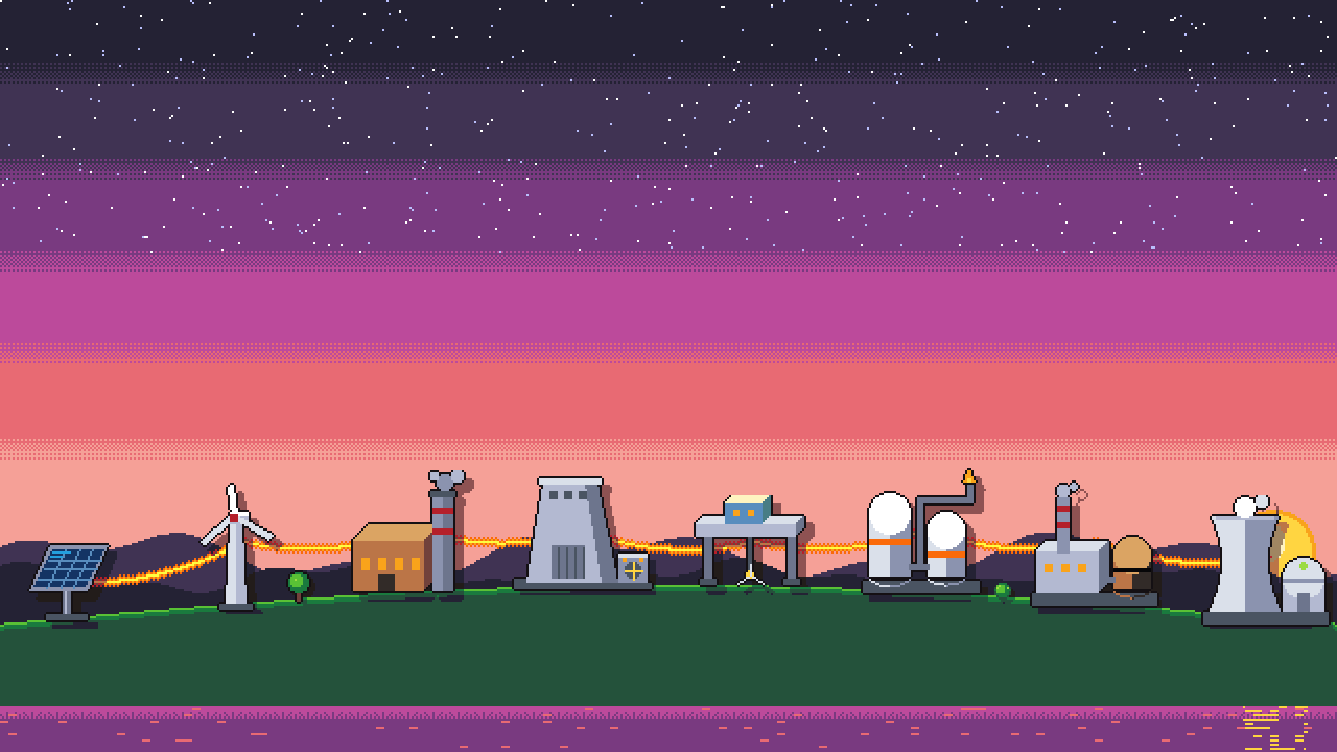 Solar panels, wind turbines, a dam and power plants on a hill at sunset